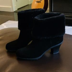 Black suede booties with faux fur tops